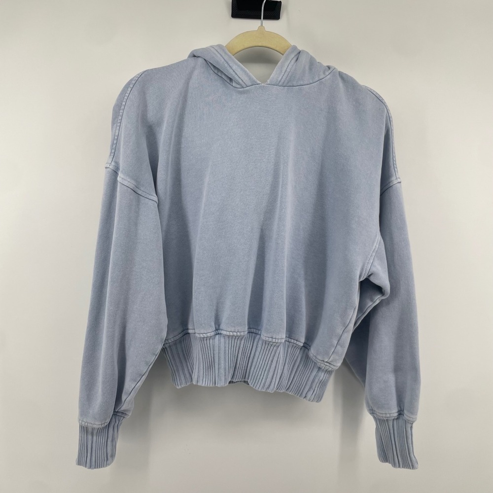 Aerie Hoodie Women S Blue Cropped Mineral Wash Ribbed Hem Pullover Sweatshirt